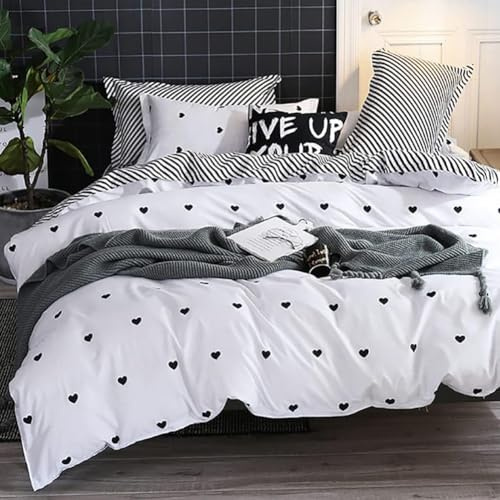 Michorinee Housse de Couette Cœur 220x240 Blanche avec 2 Taies d'oreiller 65x65 cm Parure de Lit Noir et Blanc en Microfibre - Linge de Lit 2 Personnes Adulte Réversible avec Fermeture Éclair