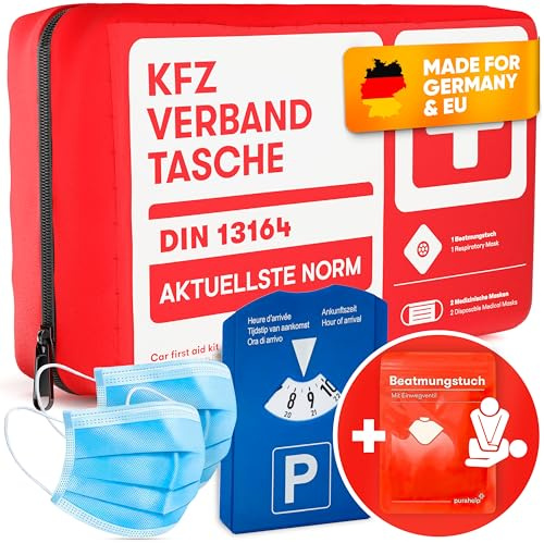 PURAHELP KFZ Verbandskasten nach aktueller Norm 2026 DIN 13164 | Inkl. Beatmungstuch + Parkscheibe (StVO Konform) - Erste Hilfe Set Auto Verbandskasten 2026