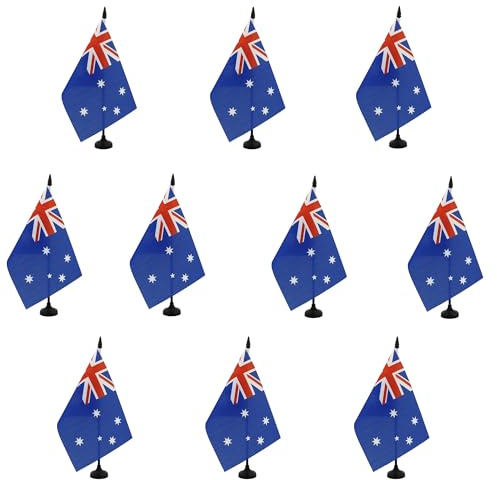 AZ FLAG - 10 Stück Australien-Tischflagge, 21 x 14 cm – 10 kleine australische Büroflaggen aus 100% Polyester mit 25 cm Fahne und Sockel aus schwarzem Kunststoff
