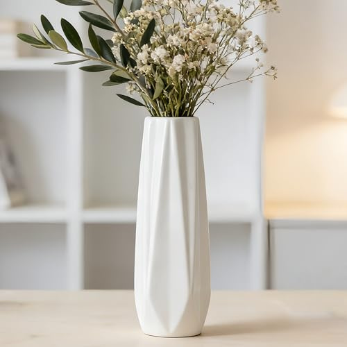 JIDOFUE Vase à Fleurs Blanc en céramique - 30 cm de Haut - Vases structurés Modernes pour Ferme, étagère, Points centraux de Table, décoration de la Maison, décoration de Salon - Grand Vase à Motif