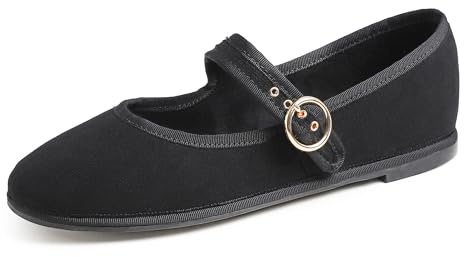 Feversole Women's Mary Jane Fashion，Scarpe Basse Classiche da Donna Décolleté Eleganti Mary Jane con Fibbia Morbida Scarpe da Ballo per Balletto per Donna Mary Jane in Velluto a Coste Nero 39