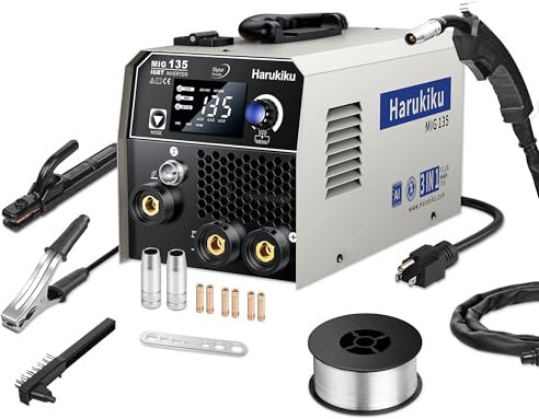 Harukiku135A Fülldraht Schweißgerät Ohne Gas,3-in-1 Elektroden Schweißgerät (Flux MIG/ARC,MMA/Lift WIG),mit Synergischem Drahtvorschub kompakter IGBT Inverter Schweissgerät, für Profis & Home DIY