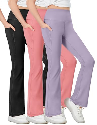 Desol vida byxor för flickor med hög midja, bootcut utsvängda leggings för flickor med 2 fickor, sportbyxor för yoga, dans, löpning, Svart/rosa/lila, 9-10 år