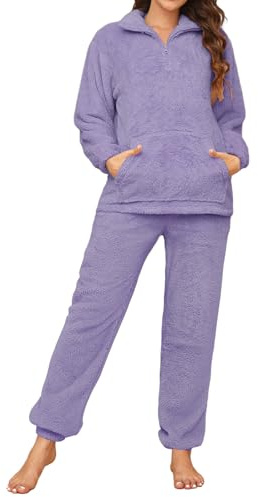 RITOSTA Pigiama Donna Invernale Felpato Pigiama Invernale in Pile Morbido Pigiami Stitch Lungo Pigiama Natalizio Tuta Termica Due Pezzi Donna con Felpa Pile di Cerniera,Pantalone (Viola,S)