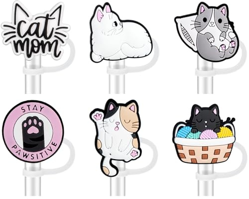yomanta 6pcs Straw Cover for 10mm, Silicone Straw Topper Accessories, Straw Toppers Dust-Proof, Reusable Straw Covers for 40/30 Oz Tumbler - Pink Cat