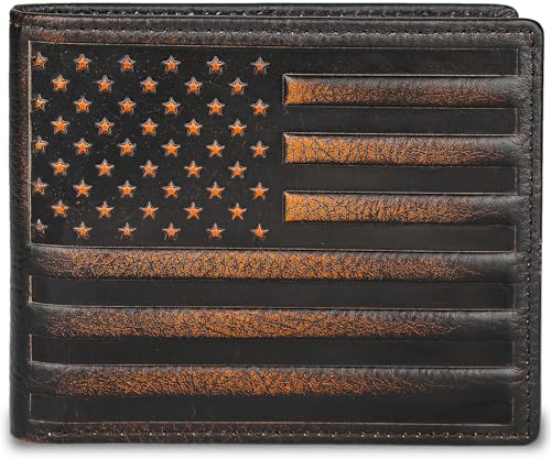 DK86 Mens Wallet USA Flag Bifold Wallet for Men RFID Blocking Full Grain Leather With Hand Burnished Extra Capacity Multiple Card Slots with 2 ID Windows