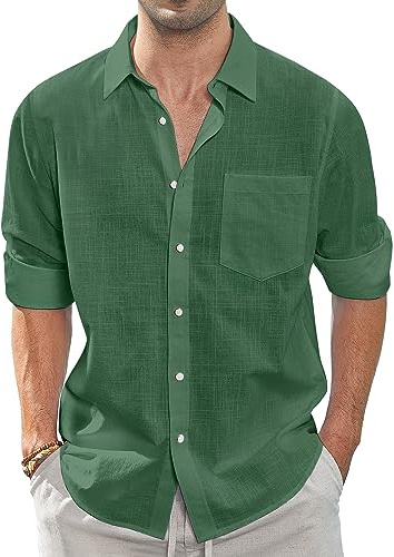 J.VER Leinenhemd Herren Langarm Leichtes Sommerhemd Einfarbig Business Freizeithemd Party Club Reisen Alltägliche Leinen Shirt mit Taschen