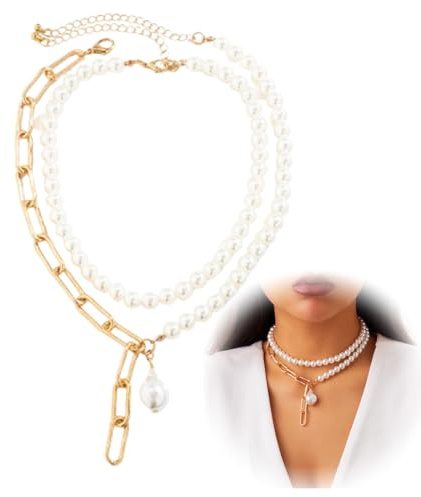 Vintage Imitation Pearl Necklace, Short Multi Layer Choker Pearl Necklace,Collier de perles avec pendentif,Collier de perles artificielles,Collier de costume pour femme