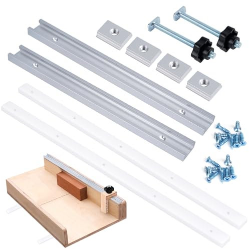 26Pcs Table Saw Crosscut Sled Kit, Table Saw Sled Set with 2PCS Aluminum T-Track, 2PCS 3/4 UHMW Miter Bars Inserts, Knob and Bolt, Screws for DIY Woodworking (Silver)
