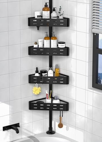 Kegii Étagère Douche Telescopique - Etagère Salle de Bain Étagère de Douche Réglable Etagere Angle Telescopique 63.5-290cm, Noir(Tôle Mise à Niveau)