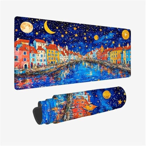 Mauspad XXL 800x400x3mm,Mousepad Gelb Schreibtischunterlage,Mond Mauspad Gaming mit Genähten Kanten,Wasserdicht Mouse Pad,rutschfeste Gummibasis Desk Mat,Gaming Accessories for Desk,Geschenk Q1-719