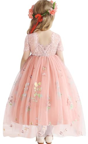 Amissz Flower Girl Dresses Lace Back Floral Embroidery Princess Birthday Tutu Tulle Festive Dress Girl Bridesmaid Wedding Party Pageant Prom Dress 2-8 Year Pink