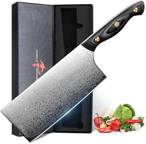 Purple Dragon Japanisches Hackmesser Damast - 67-Lagen Damaststahl, VG-10 Stahlkern Küchenmesser, Full Tang Kochmesser Scharfe Metzgermesser mit Ergonomischer Holzgriff, Großes Geschenk