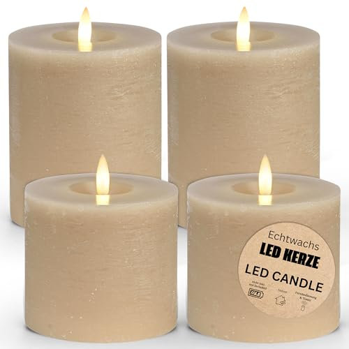 LED Stumpenkerzen 4er Set aus Echtwachs mit Timerfunktion inkl. Fernbedienung - Kerzen realistisch flackernde Flamme warmweiß Ø 10 cm - Elektrische Wachskerzen in beige als gemütliche Tischdeko