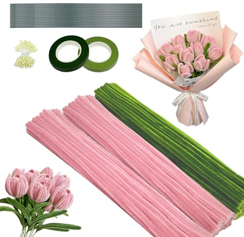 XINGNA Pfeifenreiniger Blumen Set, 200 Stück Pfeifenputzer zum Basteln, Pfeifenreiniger zum Basteln mit 20 Stück Grün Basteldraht, Blumenband, Geschenkpapier, Blütenstempel