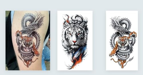 Lot de 2 feuilles de tatouage temporaire Tigre Tatouage Prédateur Dragon XQB080 1145