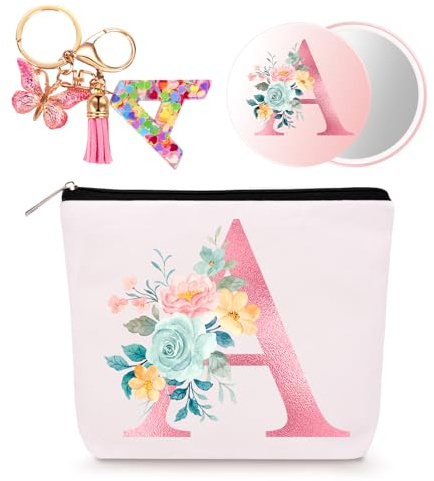 Personalisierte Geschenke Frauen Kosmetiktasche Schlüsselanhänger Spiegel A | Make Up Tasche Kulturbeutel Makeup Bag, Geburtstagsgeschenke für Teenager Mädchen Mama Beste Freundin