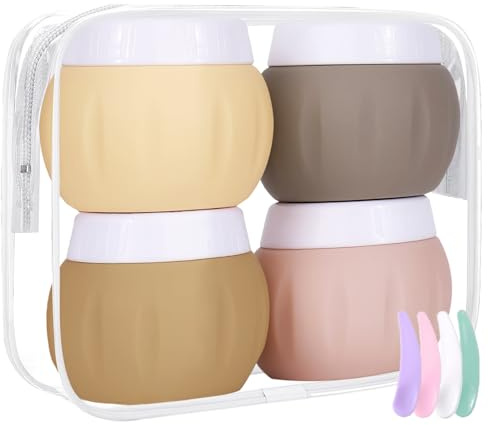 Honicemar Lot de 4 Contenants de Voyage en Silicone 50 ml, avec Spatule et Sac de Transparent, Kit Voyage Avion, Petit Vide Pots pour Cosmétiques Crèmes Articles de Toilette Bijoux - Série Abricot