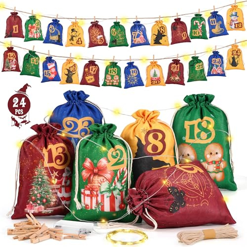 DazSpirit Adventskalender zum Befüllen 2025 mit LED Lichtern, 24 Groß Adventskalender Säckchen, Weihnachtskalender Selbst Befüllen mit Holzklammern, Hanfseil, Weihnachtsdeko, Für Kinder Frauen Männer