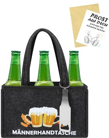 Stylische Männerhandtasche mit Flaschenöffner und Grußkarten | Hochwertige Bier-Tragetasche aus Filz | Geschenk für Herren oder Brüder | Ideal für Zusammenkünfte und Bierpartys | für 6er-Pack Bier