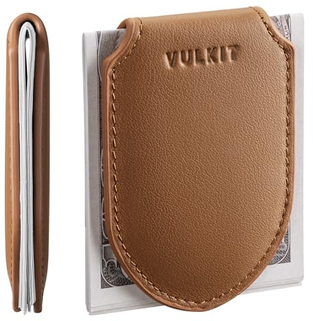 VULKIT Luxury Money Clip Genuine Leather Magnetic Closure Streamline Design Money Clip Wallet, Holds Up to 20 Bills