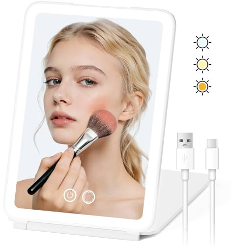 BNEHHOV Specchio Trucco con Luci Ricaricabile, 3 Tonalità di Luce Regolabili, 2000 mAh Specchio Trucco Pieghevole Portatile con Interruttori Sfioramento e Funzione Memoria, Ideale per Viaggio e Casa