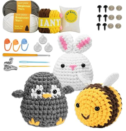 ZexJpr Häkelset Für Anfänger, Crochet Set, Stricken für Anfänger, DIY Häkeln Kit Mit Biene, Hase Und Pinguin, Set für Erwachsene und Kinder mit DIY-Strickzubehör