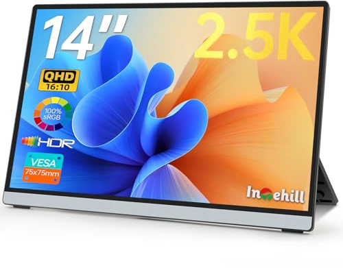 Intehill 14 Portable Monitor 2.5K, 2560x1600 Portable Screen for Laptop, 16:10 Travel Monitor with Tempered Glass, 100% sRGB HDMI Portable Display, Mobile External Display with Stand & Speaker, Q14ZA