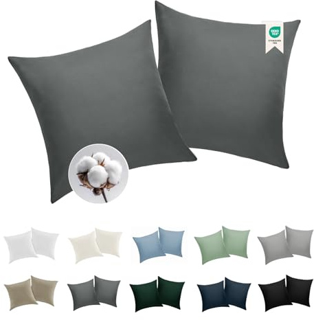 BEDELITE Kissenbezug 80x80 Baumwolle 2er Set, Dunkelgrau | Kopfkissenbezug für Kissen 80x80cm mit Reißverschluss, 143 Fäden pro Quadratzoll, Oeko-Tex Zertifiziert