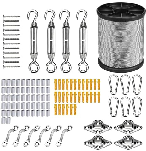 YEENAIV 50M/2mm Kit de Cables de Acero Inoxidable para Colgar Tensor Cuerda | Tendedero Exterior Tensores de Alambre, Tensor Cable Acero para Colgar Luces de Toldos Soporte Planta