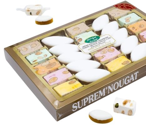 Suprem Nougat | Caja de regalo de 275 g con 15 turrones tiernos y 10 Calissons | Aromas Pistacho, Frambuesa, Limón, Naranja y Café | Turrón Francés | Selección 18 Carati