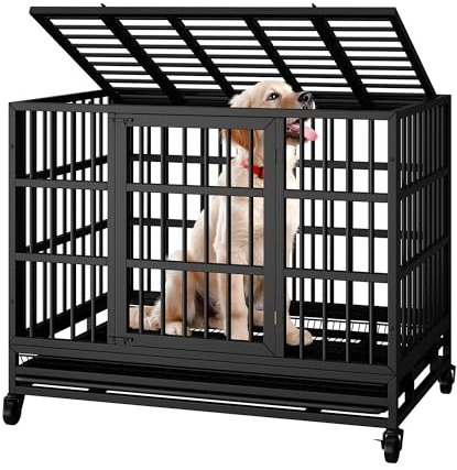 Shintenchi 38 inch Heavy Duty Crates for Large Dog, Indestructible and Escape-Proof Cage Kennel with Lockable Wheels, Double Door High Anxiety with Removable Tray, Black