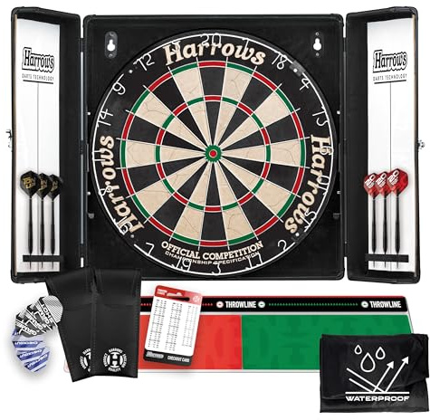 Set di armadietto per bersaglio da freccette Harrows – Scelta tra armadietto in legno Pro’s Choice o set in alluminio Top Shot con tavola da competizione ufficiale, 6 freccette e accessori – Opzioni