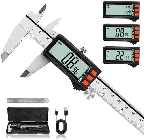 HARDELL Digital Caliper with Battery Level Indicator, USB-C Rechargeable, 6-inch/150mm, Inch/MM/Fraction Conversion, Large LCD, Measuring Tool for DIY, Woodworking & 3D Printing