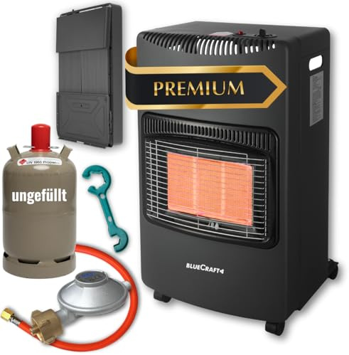Bluecraft Heizofen Gas + 11kg Gasflasche ungefüllt Druckregler Gasschlauch | 4,2 kW Gasheizofen für Innenräume, Infrarot Heizstrahler, Gasheizer, Camping Heizung, Notheizung mit Gasregler Schlüssel