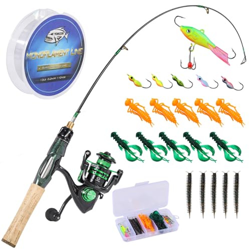 Sougayilang Eisangelrute und Angelrolle, 71,1 cm, mittelgroß, drehende Eisangelrute, Spinnei-Angel-Set, Ausrüstung mit Eisvorrichtungen, Ködern und essentieller Ausrüstung, für Süßwasser, Salzwasser