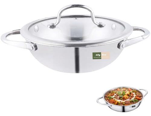 WG inc Stainless Steel Wok with Lid, Triply Kadhai - 26 CM Stir Fry Pan | 3 Litre Deep & Non Stick Tri-ply Woks, Trasparent Lid, Induction Compatible Cooking Pans, Oven Safe Cookware