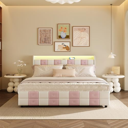 LLODERY Polsterbett Schubladenbett 140×190, Stauraumbett mit 4 Schublade und Lattenrost, Kopfteil mit LED und Stauraum, Funktionsbett,Weißrosa, Samt