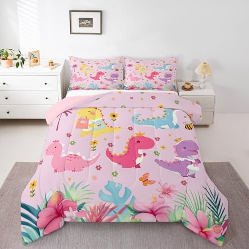 Loussiesd Söt dinosaurie sängkläder set prinsessa dinosaurie täcke set king size för barn pojkar flickor tecknad blommig vilda djur sovrum dekor mikrofiber 3 st med 2 örngott