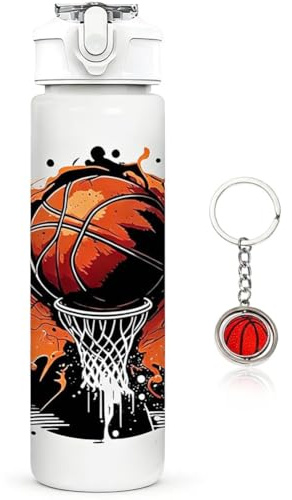 GVMJHYK 750 ml Bouteille Basketball,Gourde de Sport,Gobelet Sportif Sans BPA avec Porte-clés Basketball pour Sport, Randonnéepour Adultes Fans Cadeau Anniversaire École Journée (B)