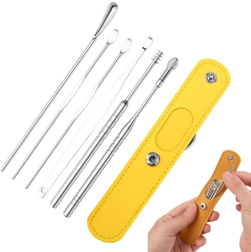 Herramienta de limpieza de oídos - Limpiador de cerumen de acero inoxidable de 6 piezas con de almacenamiento de PU,Limpiador de para oídos, regalo para familiares, amigos, adultos y niños