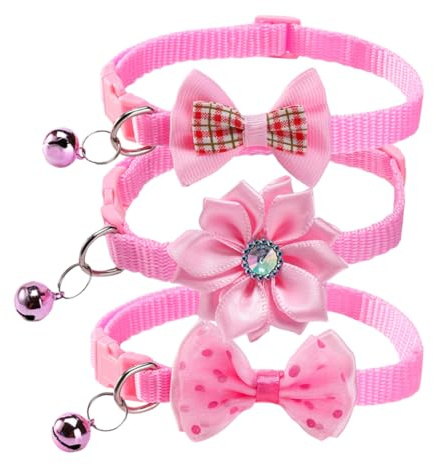 MIRKUZI Katzenhalsbänder, 3-teiliges rosa Katzenhalsband-Set mit verstellbarer Schleife und Glöckchen, geeignet für Katzen und kleine Hunde