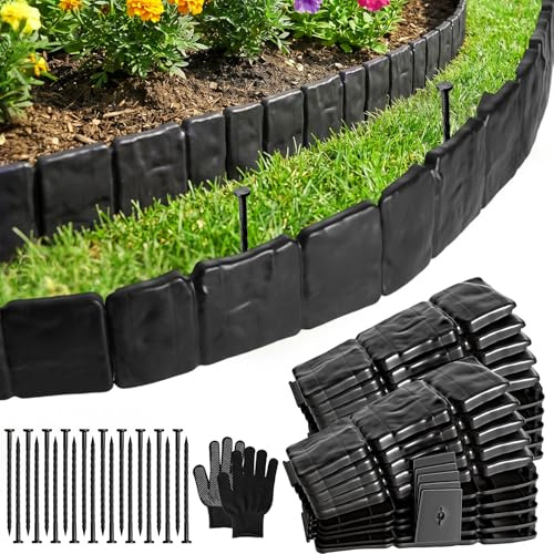 Rasenkante Kunststoff, Beeteinfassung Beetumrandung Kunststoff, Gartenzaun | Beetumrandung Garten, Mähkante für Blumenbeet, Verdickt Kleiner Zaun, Steinoptik-5 m, Schwarz