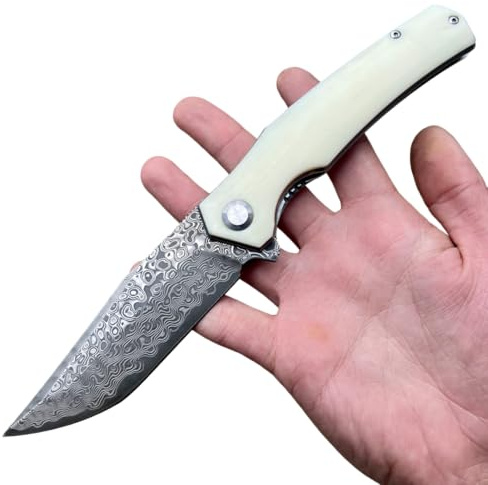 Obespina Couteau Pliant Acier Damas Massif VG10 Suminagashi Lame Tranchante 100mm Manche ABS Camping Collection Survie EDC Extérieur