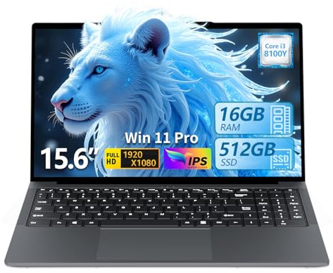 Ordenador Portátil 15.6 Pulgadas PC Portátil Win 11 Core i3-8100Y Procesador, 16GB RAM DDR3 512GB SSD, Laptop FHD IPS Teclado Numérico, Computadora Portátil USB 3.0 Tipo-C Mini HDMI WiFi 5 BT 5.0