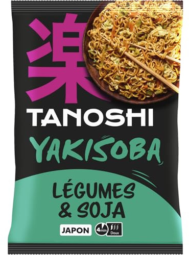 TANOSHI Nouilles Instantanées Yakisoba Légumes et Soja 90 g — Prêt en 4 Minutes au Wok, Authentique Recette Japonaise - Lot de 4