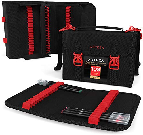 ARTEZA Marker Pen Organizer Case, 108 Slots, Removable Baldric, Zipper Pocket and Carrying Handle, for Drawing Markers and Pens, Art Supplies for Artists and Hobby Painters