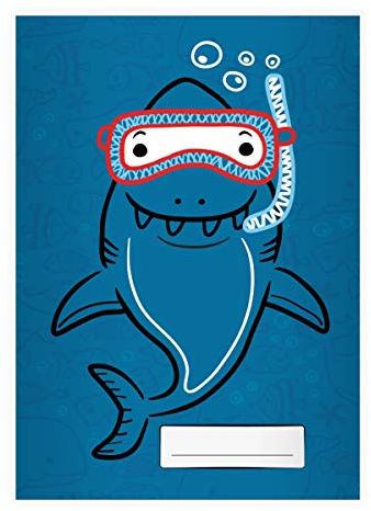 2 Lustige Tiefsee Taucher DIN A4 Schulhefte, Schreibhefte mit Comic Haifisch, blau Lineatur 20 (blanko Heft 16 Blatt/32 Seiten) Notizheft, Kladde für Schule, Universität, Büro
