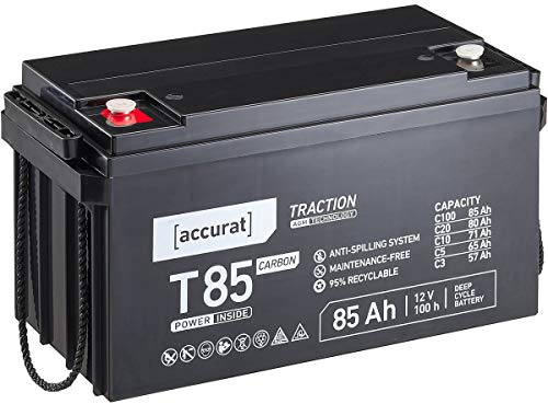 Accurat AGM Batterie T85-12V, 85Ah, zyklenfest, wartungsfrei, Wohnwagen | Traction Versorgungsbatterie, Carbon Blei Akku, Solarbatterie, Bootsbatterie für Wohnmobil, Camper, Bootsbatterie