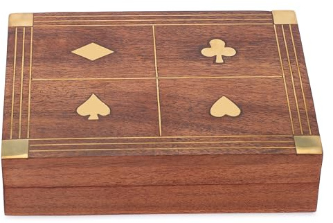 Ajuny Wooden Playing Card Box Double Deck Holder with 2 Packs of Cards | Handmade Decorative Brass Inlay Storage Case Organiser for Poker Bridge Rummy Card Games Housewarming Gift 6.25x4.75x1.5 Inch